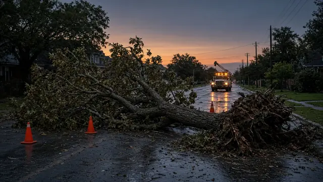 Uprooted oak tree lying across a wet residential street at dusk with traffic cones and a utility truck