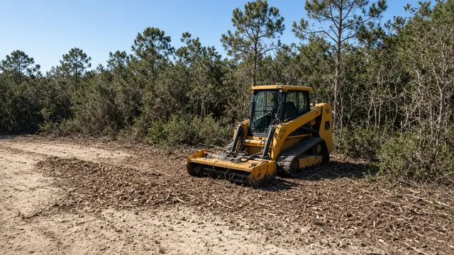 Track loader with a forestry mulcher clearing scrub oak and brush under pitch pines on a sandy lot