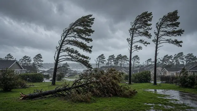 Pitch pines bending in nor'easter wind over Jersey Shore houses, one snapped pine down on a wet lawn