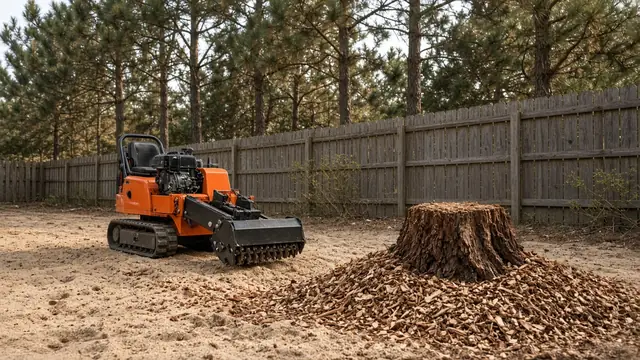 Compact stump grinder beside a freshly ground pine stump in a sandy fenced backyard