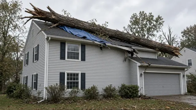 Large fallen tree trunk lying across the roof of a two-story gray house with a partial blue tarp